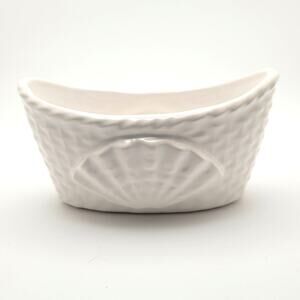 Portugal Shell Motif Basketweave Oval Ceramic Bowl Dish White Coastal Beach